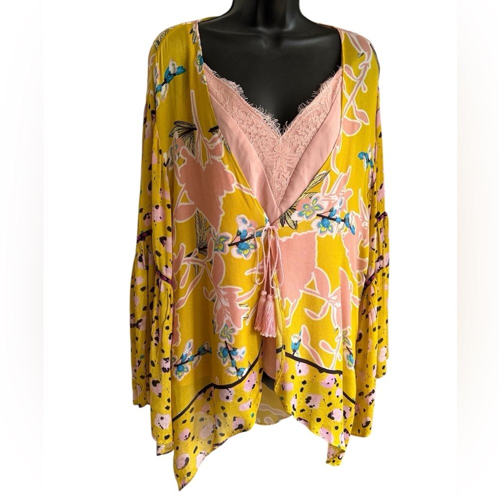 👘ANTHROPOLOGIE Floral Yellow Kimono, One Size - Picture 5 of 11